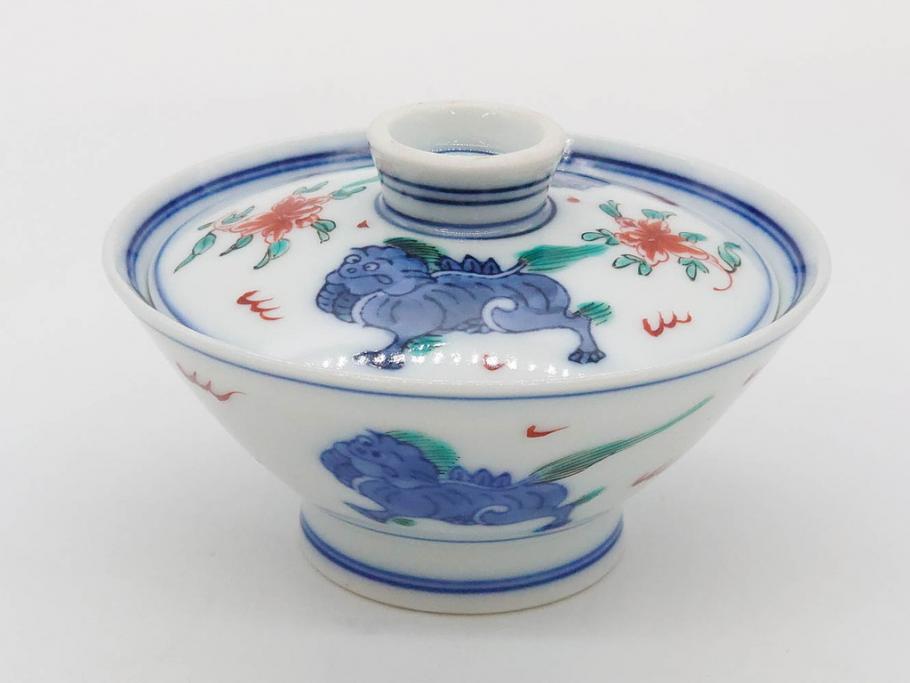 有田焼　伊万里　染錦　獅子　宝珠　約9cm　2.9寸　匠の美技を感じる蓋付き茶碗5客セット(珍味入れ、器、どんぶり、和食器、二寸九分)(R-082824)