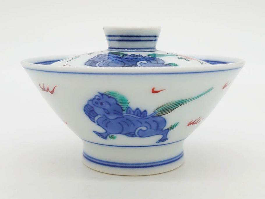 有田焼　伊万里　染錦　獅子　宝珠　約9cm　2.9寸　匠の美技を感じる蓋付き茶碗5客セット(珍味入れ、器、どんぶり、和食器、二寸九分)(R-082824)