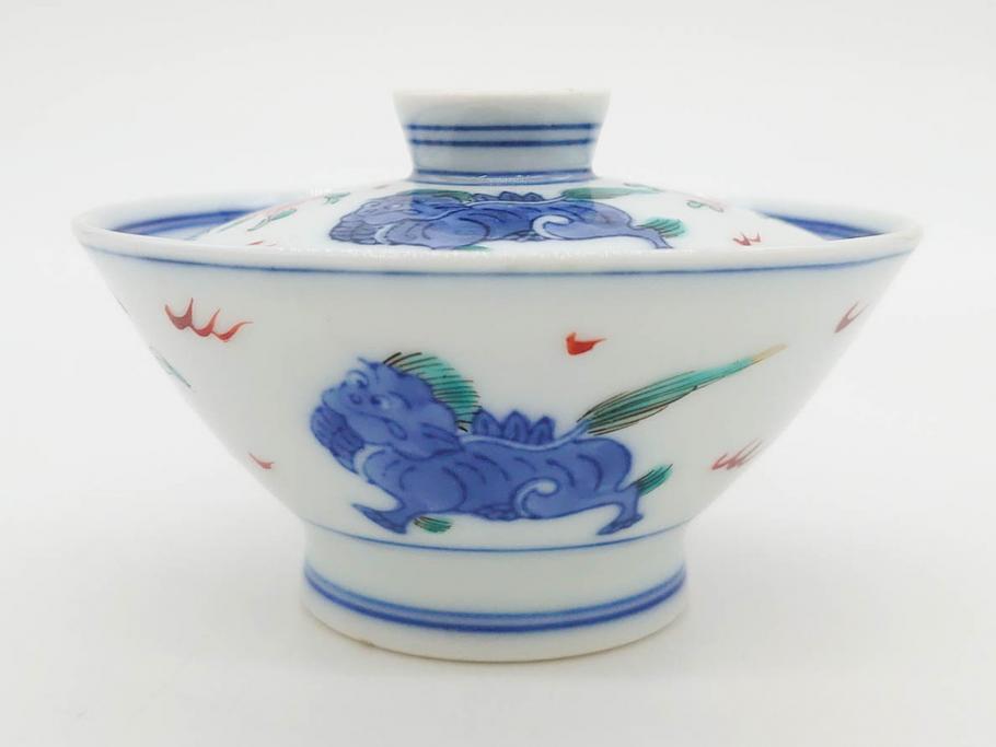 有田焼　伊万里　染錦　獅子　宝珠　約9cm　2.9寸　匠の美技を感じる蓋付き茶碗5客セット(珍味入れ、器、どんぶり、和食器、二寸九分)(R-082824)
