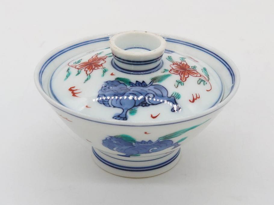 有田焼　伊万里　染錦　獅子　宝珠　約9cm　2.9寸　匠の美技を感じる蓋付き茶碗5客セット(珍味入れ、器、どんぶり、和食器、二寸九分)(R-082824)