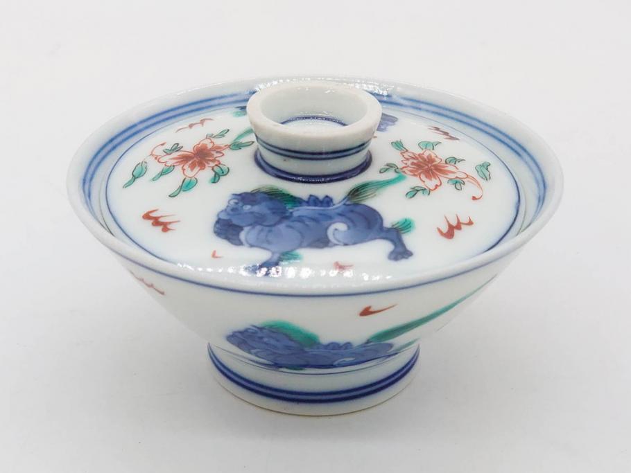 有田焼　伊万里　染錦　獅子　宝珠　約9cm　2.9寸　匠の美技を感じる蓋付き茶碗5客セット(珍味入れ、器、どんぶり、和食器、二寸九分)(R-082824)
