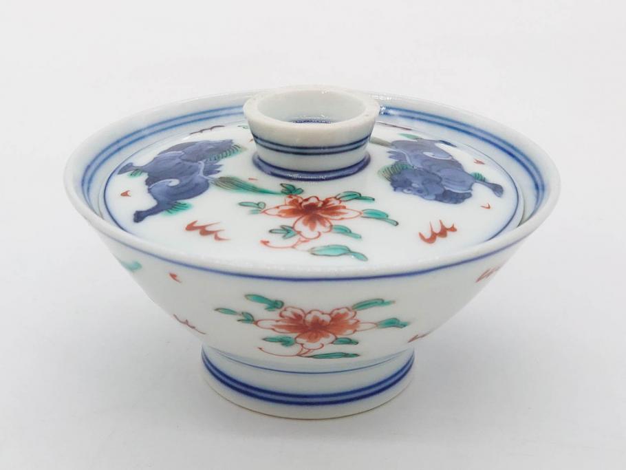 有田焼　伊万里　染錦　獅子　宝珠　約9cm　2.9寸　匠の美技を感じる蓋付き茶碗5客セット(珍味入れ、器、どんぶり、和食器、二寸九分)(R-082824)