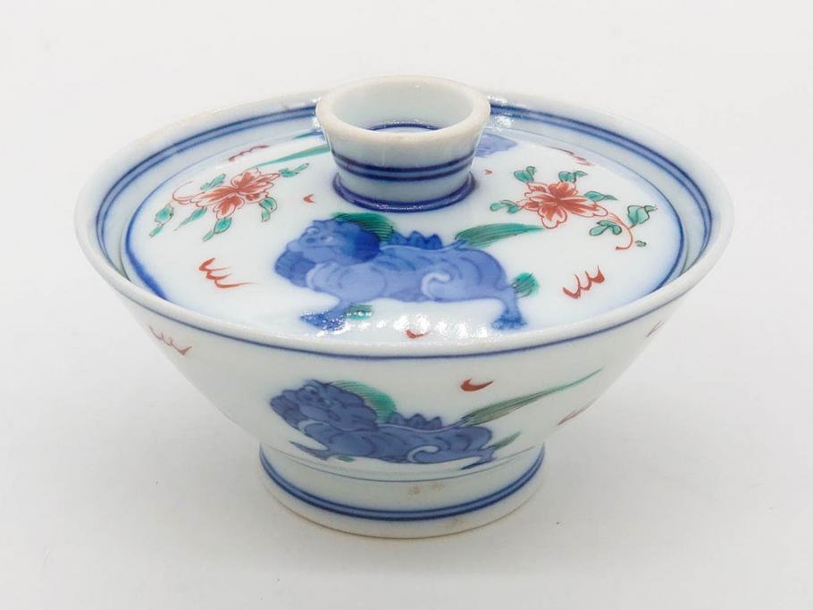 有田焼　伊万里　染錦　獅子　宝珠　約9cm　2.9寸　匠の美技を感じる蓋付き茶碗5客セット(珍味入れ、器、どんぶり、和食器、二寸九分)(R-082824)