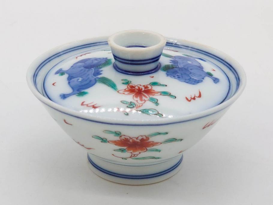 有田焼　伊万里　染錦　獅子　宝珠　約9cm　2.9寸　匠の美技を感じる蓋付き茶碗5客セット(珍味入れ、器、どんぶり、和食器、二寸九分)(R-082824)