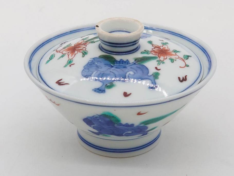 有田焼　伊万里　染錦　獅子　宝珠　約9cm　2.9寸　匠の美技を感じる蓋付き茶碗5客セット(珍味入れ、器、どんぶり、和食器、二寸九分)(R-082824)