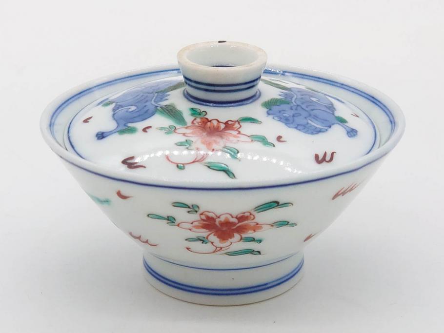 有田焼　伊万里　染錦　獅子　宝珠　約9cm　2.9寸　匠の美技を感じる蓋付き茶碗5客セット(珍味入れ、器、どんぶり、和食器、二寸九分)(R-082824)