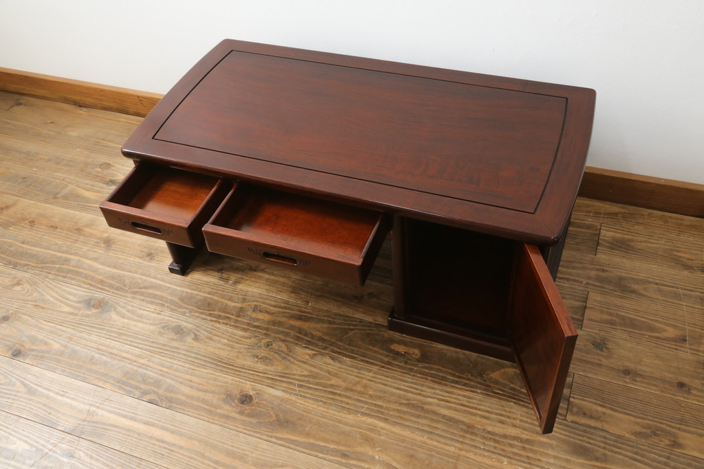 中古　美品　花梨(カリン)材　落ち着いた色味と上品な佇まいが魅力的な片袖机(ローテーブル、座机、文机、作業台、ワークデスク、唐木、在宅用、在宅ワーク用)(R-075405)