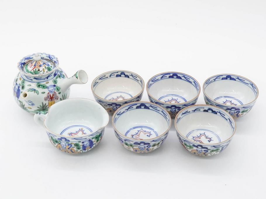 大明萬暦年製　五彩　唐人　寛ぎの時間を演出する煎茶器セット(急須、湯冷まし、煎茶碗、湯呑み、湯のみ、竹林、賢人、竜、龍、金彩、茶道具、共箱付)(R-082825)