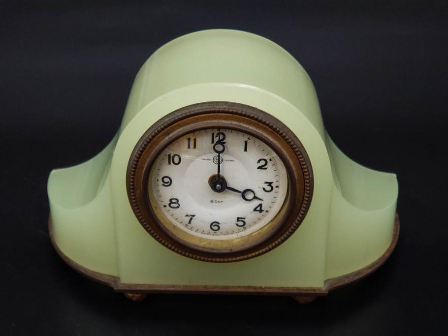 ジャンク品　戦前　当時物　ウランガラス　精工舎(SEIKOSHA・セイコー)　ゼンマイ式　8DAY(8日巻)　ノスタルジックな佇まいの置時計(硝子、枕時計)(R-082859)