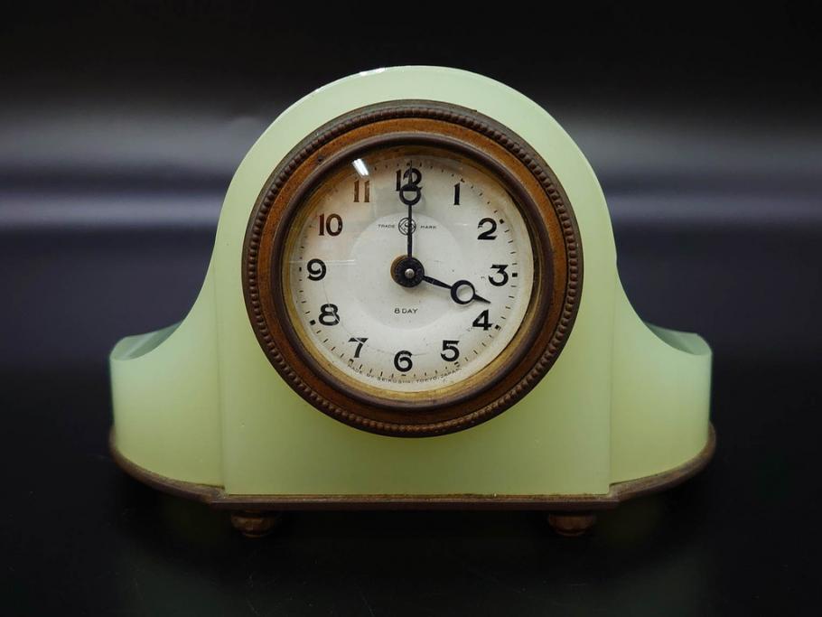ジャンク品　戦前　当時物　ウランガラス　精工舎(SEIKOSHA・セイコー)　ゼンマイ式　8DAY(8日巻)　ノスタルジックな佇まいの置時計(硝子、枕時計)(R-082859)