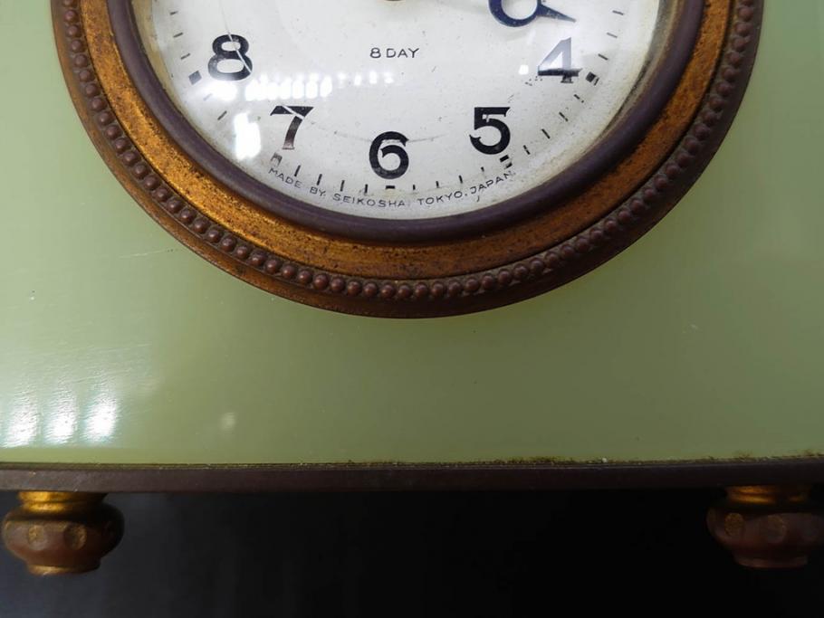 ジャンク品　戦前　当時物　ウランガラス　精工舎(SEIKOSHA・セイコー)　ゼンマイ式　8DAY(8日巻)　ノスタルジックな佇まいの置時計(硝子、枕時計)(R-082859)