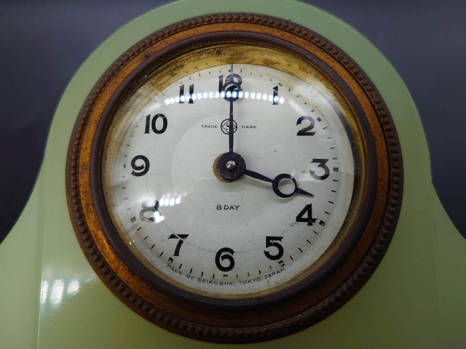 ジャンク品　戦前　当時物　ウランガラス　精工舎(SEIKOSHA・セイコー)　ゼンマイ式　8DAY(8日巻)　ノスタルジックな佇まいの置時計(硝子、枕時計)(R-082859)