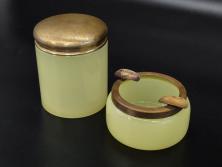 戦前 当時物 ウランガラス 上品な佇まいの小物入れ&灰皿セット(蓋物、アシュトレイ、和ガラス、硝子瓶)(R-082861)