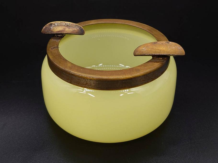 戦前 当時物 ウランガラス 上品な佇まいの小物入れ&灰皿セット(蓋物、アシュトレイ、和ガラス、硝子瓶)(R-082861)
