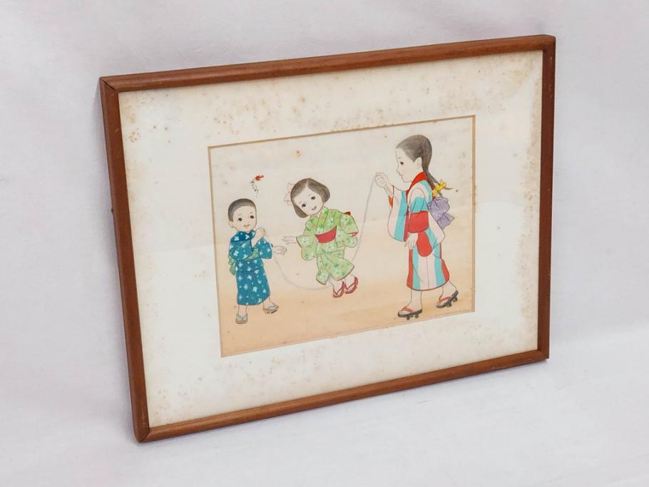 真作　蔦谷喜一　「縄とび」　1983年制作　サイン入り　絵画(人物画、ぬりえ、塗り絵、縄跳び、子供、子ども、額装)(R-076210)