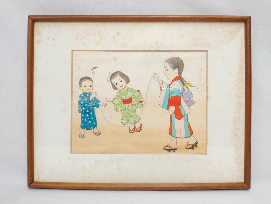 真作　蔦谷喜一　「縄とび」　1983年制作　サイン入り　絵画(人物画、ぬりえ、塗り絵、縄跳び、子供、子ども、額装)(R-076210)