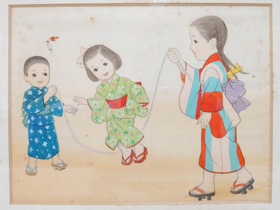 真作　蔦谷喜一　「縄とび」　1983年制作　サイン入り　絵画(人物画、ぬりえ、塗り絵、縄跳び、子供、子ども、額装)(R-076210)
