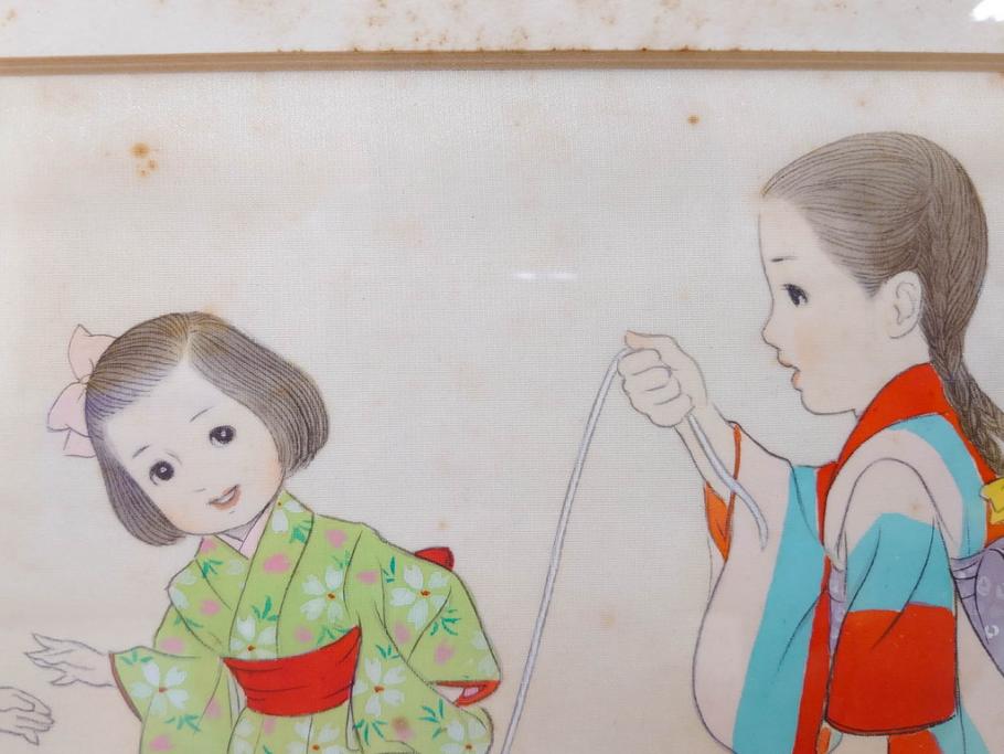 真作　蔦谷喜一　「縄とび」　1983年制作　サイン入り　絵画(人物画、ぬりえ、塗り絵、縄跳び、子供、子ども、額装)(R-076210)