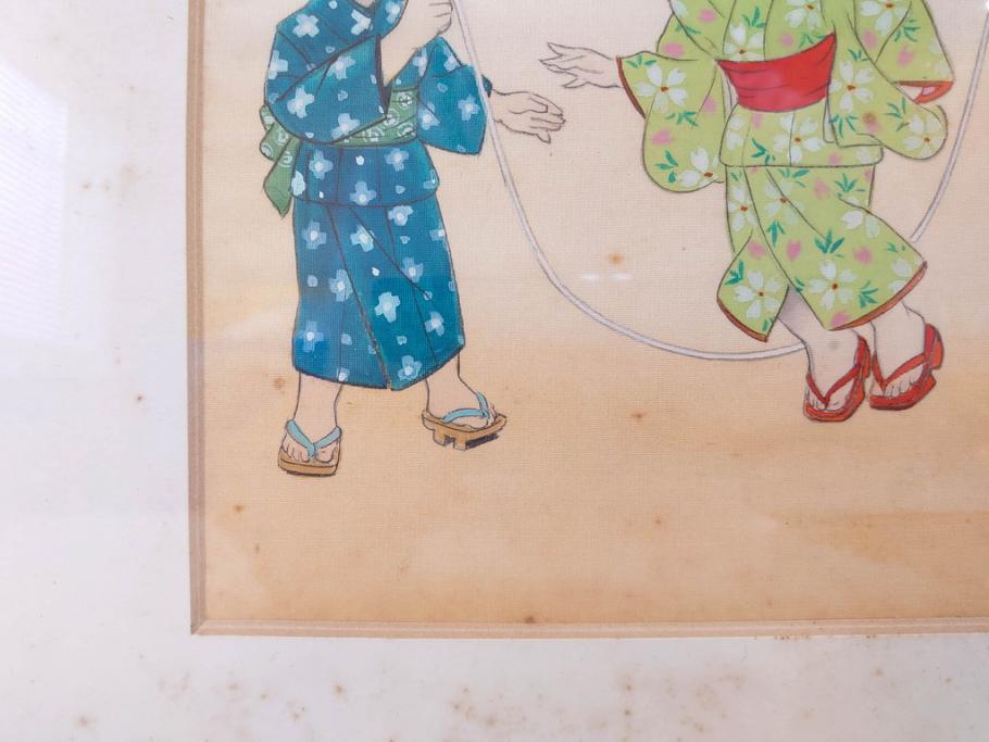 真作　蔦谷喜一　「縄とび」　1983年制作　サイン入り　絵画(人物画、ぬりえ、塗り絵、縄跳び、子供、子ども、額装)(R-076210)