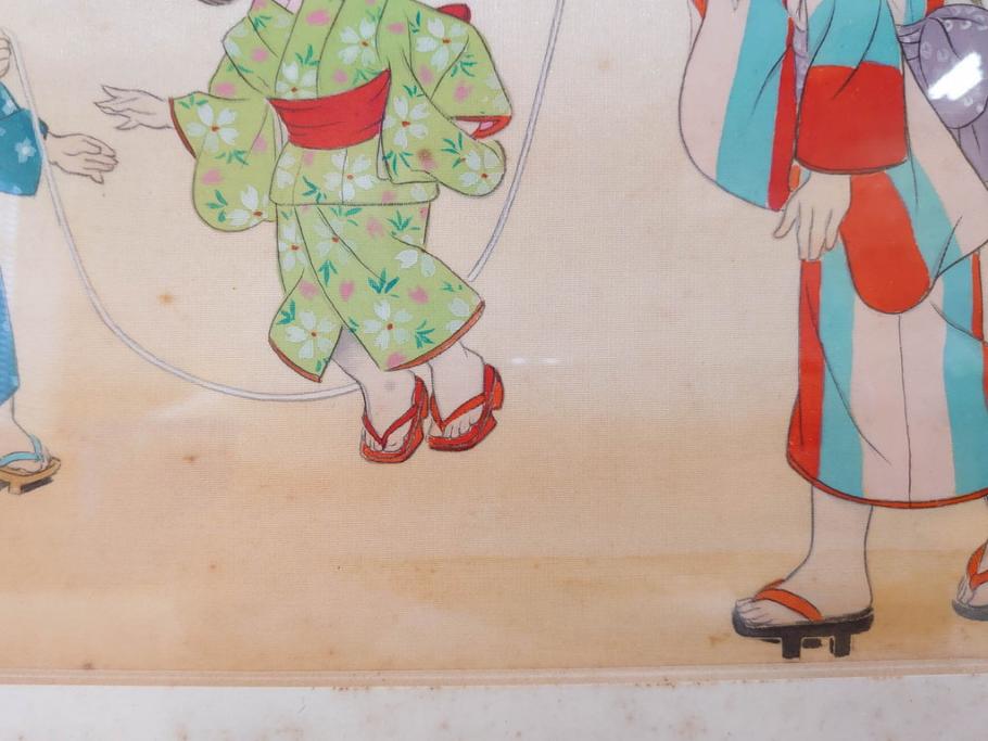 真作　蔦谷喜一　「縄とび」　1983年制作　サイン入り　絵画(人物画、ぬりえ、塗り絵、縄跳び、子供、子ども、額装)(R-076210)