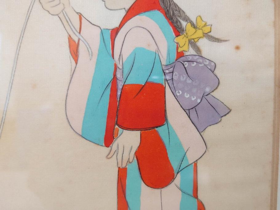 真作　蔦谷喜一　「縄とび」　1983年制作　サイン入り　絵画(人物画、ぬりえ、塗り絵、縄跳び、子供、子ども、額装)(R-076210)