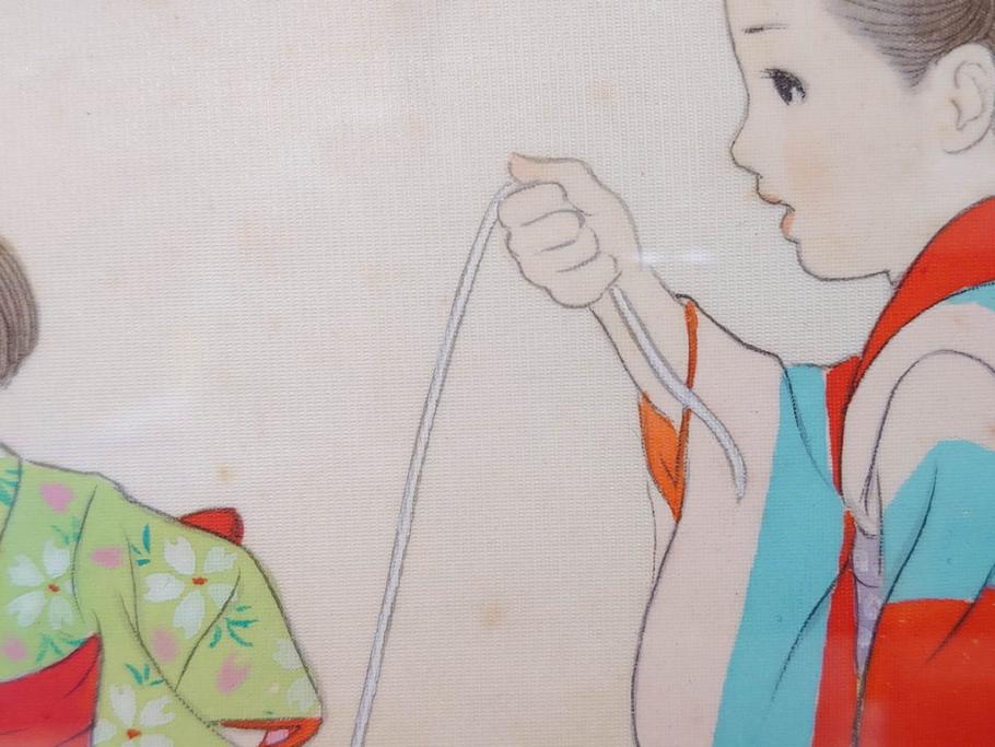 真作　蔦谷喜一　「縄とび」　1983年制作　サイン入り　絵画(人物画、ぬりえ、塗り絵、縄跳び、子供、子ども、額装)(R-076210)