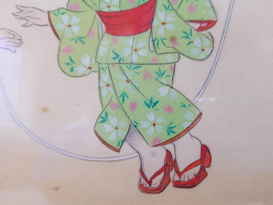 真作　蔦谷喜一　「縄とび」　1983年制作　サイン入り　絵画(人物画、ぬりえ、塗り絵、縄跳び、子供、子ども、額装)(R-076210)