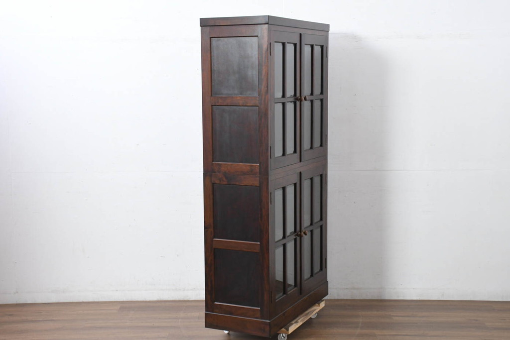 中古　美品　特注品　松本民芸家具　深みのある木の色味が素敵な二段重ね書棚(本棚、ブックシェルフ、本箱、ブックケース、キャビネット、食器棚、カップボード、飾り棚、戸棚、収納棚、バラ売り可能)(R-082356)