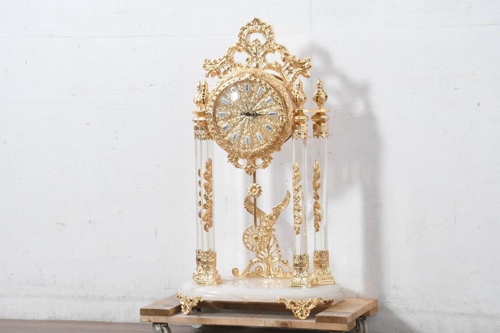 中古　美品　輸入家具専門店イベリア取り扱い　ゴールド×クリスタル×大理石の大きな置き時計(置時計)(定価約22万円)(R-082360)