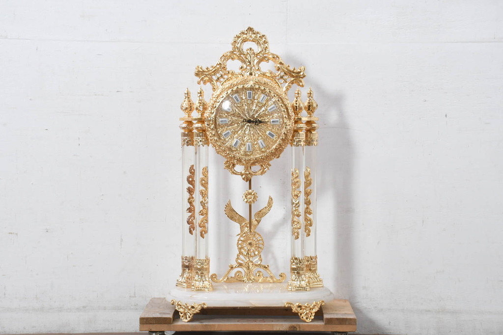 中古　美品　輸入家具専門店イベリア取り扱い　ゴールド×クリスタル×大理石の大きな置き時計(置時計)(定価約22万円)(R-082360)