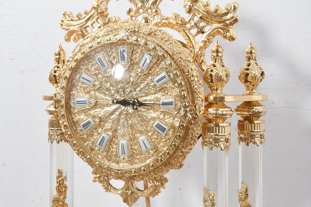 中古　美品　輸入家具専門店イベリア取り扱い　ゴールド×クリスタル×大理石の大きな置き時計(置時計)(定価約22万円)(R-082360)