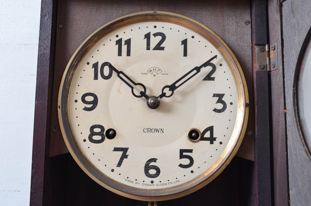 和製アンティーク　堀田時計店　TRADE MARK(トレードマーク)　N.H.T　CROWN CLOCK　クラシカルな佇まいが魅力の振り子時計(掛け時計、古時計、柱時計)(R-081976)