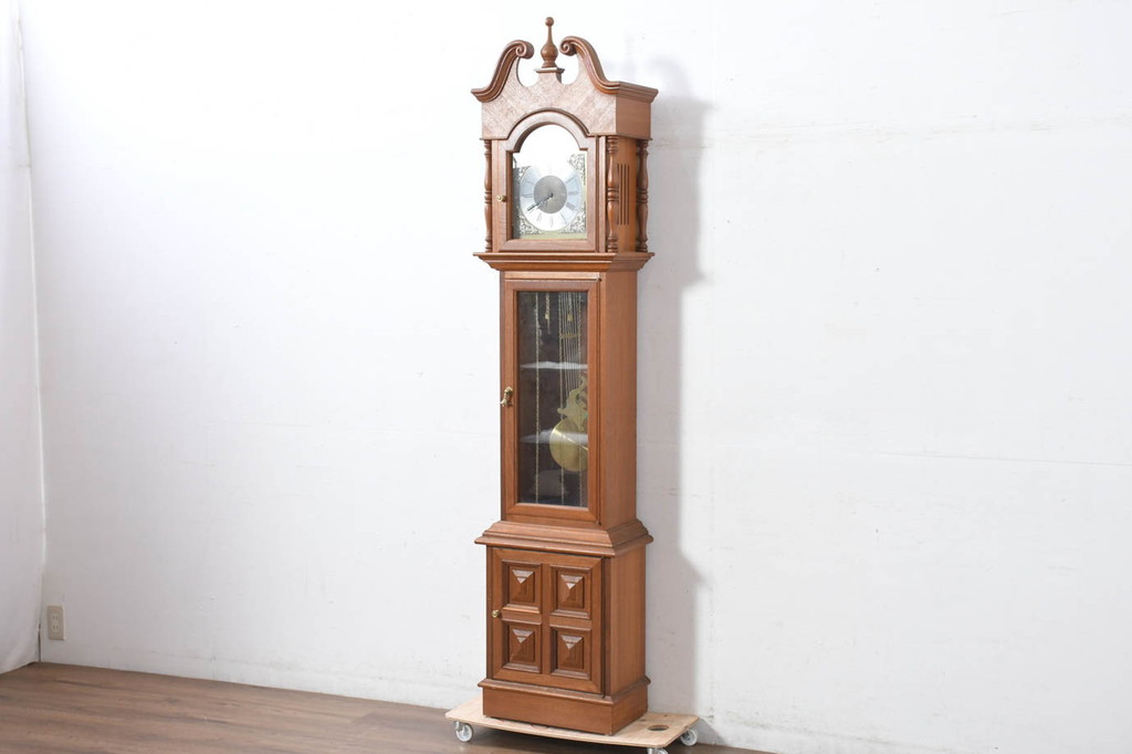 中古　ドイツ　チーク材　Tempus Fugit　上品な装飾が美しいクラシックホールクロック(時計台、振り子時計、分銅式、振り子付き)(R-082361)
