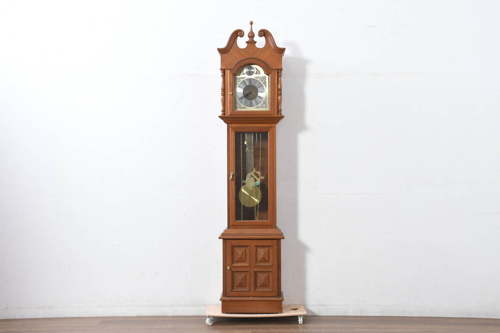 中古　ドイツ　チーク材　Tempus Fugit　上品な装飾が美しいクラシックホールクロック(時計台、振り子時計、分銅式、振り子付き)(R-082361)