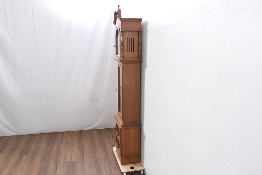 中古　ドイツ　チーク材　Tempus Fugit　上品な装飾が美しいクラシックホールクロック(時計台、振り子時計、分銅式、振り子付き)(R-082361)