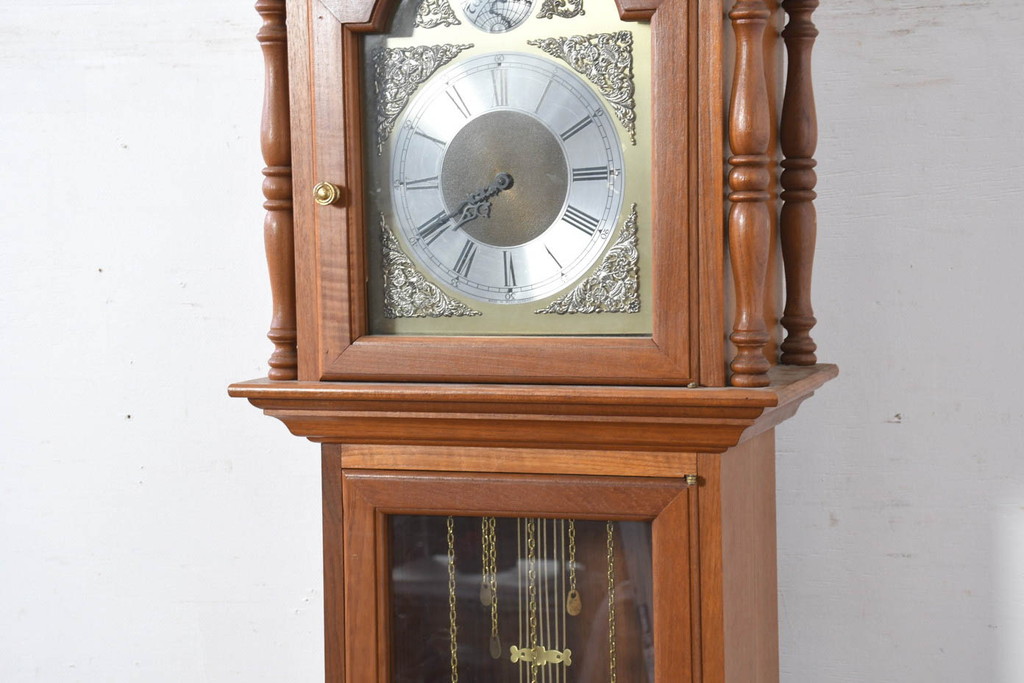 中古　ドイツ　チーク材　Tempus Fugit　上品な装飾が美しいクラシックホールクロック(時計台、振り子時計、分銅式、振り子付き)(R-082361)