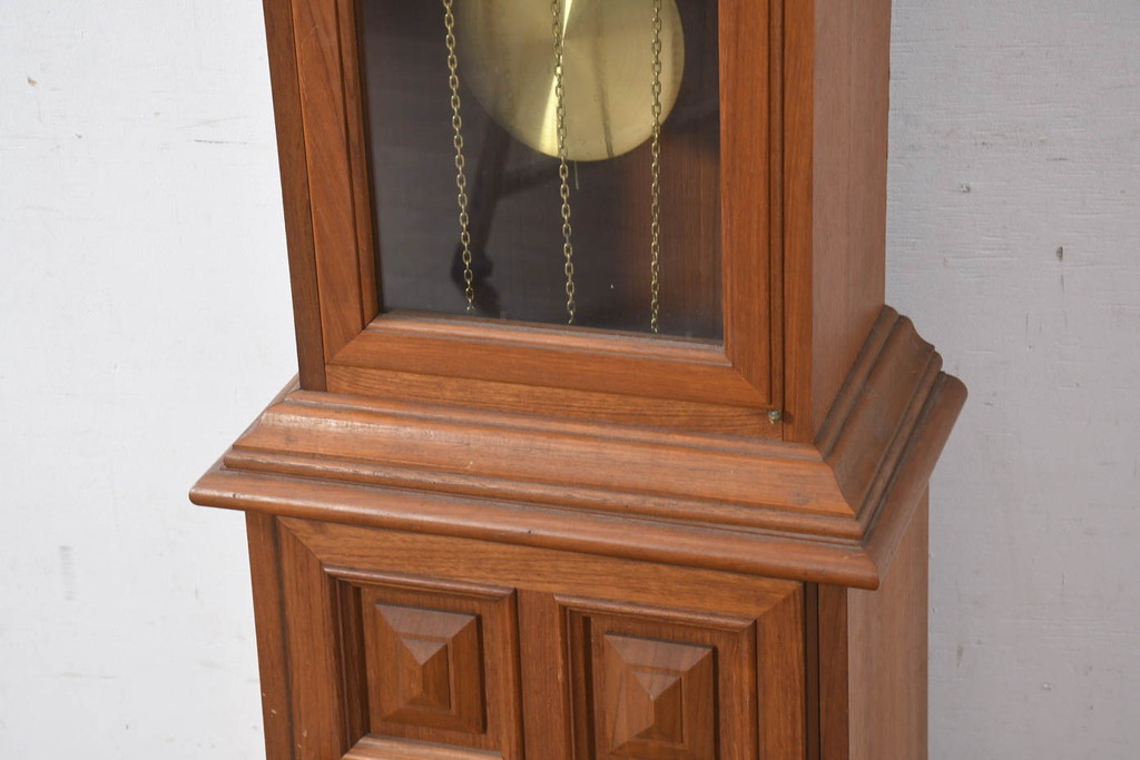 中古　ドイツ　チーク材　Tempus Fugit　上品な装飾が美しいクラシックホールクロック(時計台、振り子時計、分銅式、振り子付き)(R-082361)