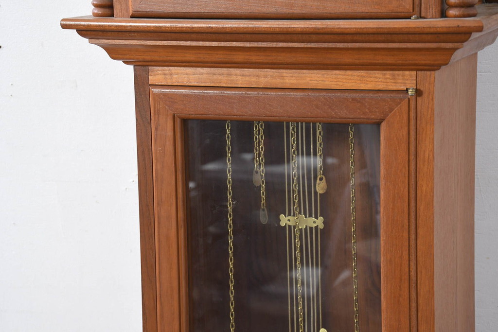 中古　ドイツ　チーク材　Tempus Fugit　上品な装飾が美しいクラシックホールクロック(時計台、振り子時計、分銅式、振り子付き)(R-082361)