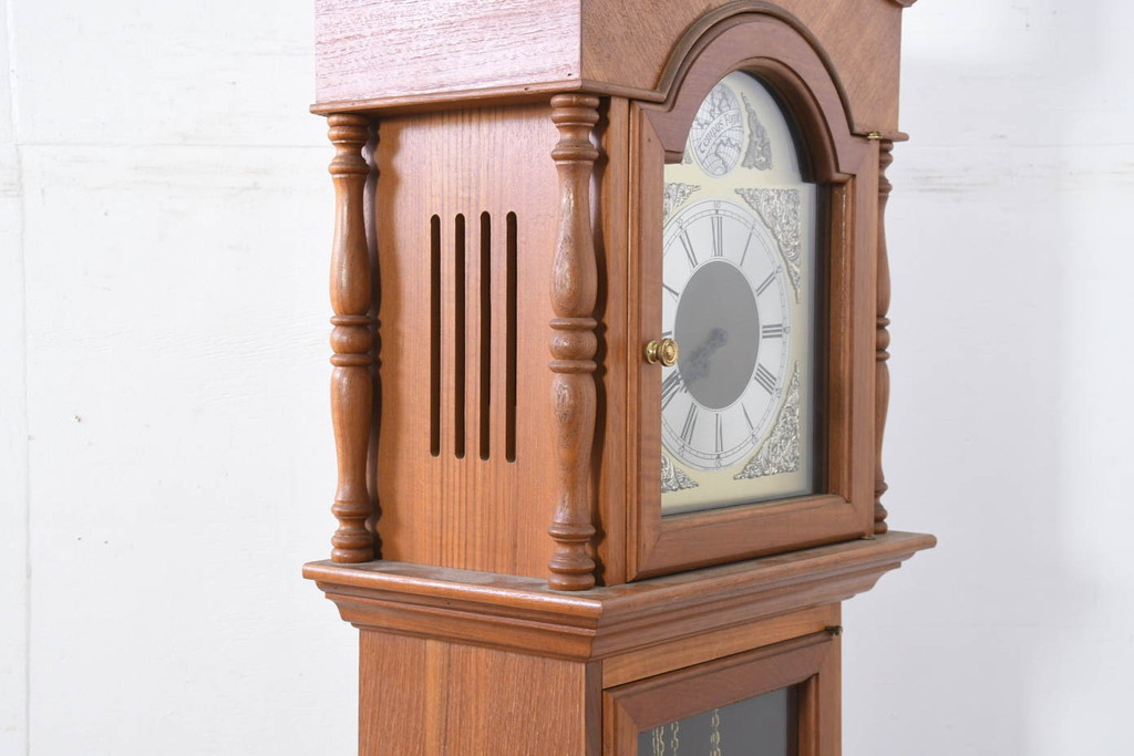 中古　ドイツ　チーク材　Tempus Fugit　上品な装飾が美しいクラシックホールクロック(時計台、振り子時計、分銅式、振り子付き)(R-082361)