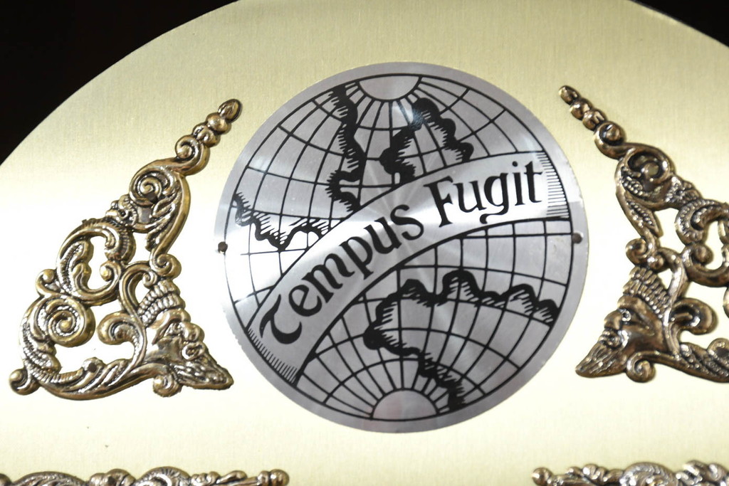 中古　ドイツ　チーク材　Tempus Fugit　上品な装飾が美しいクラシックホールクロック(時計台、振り子時計、分銅式、振り子付き)(R-082361)