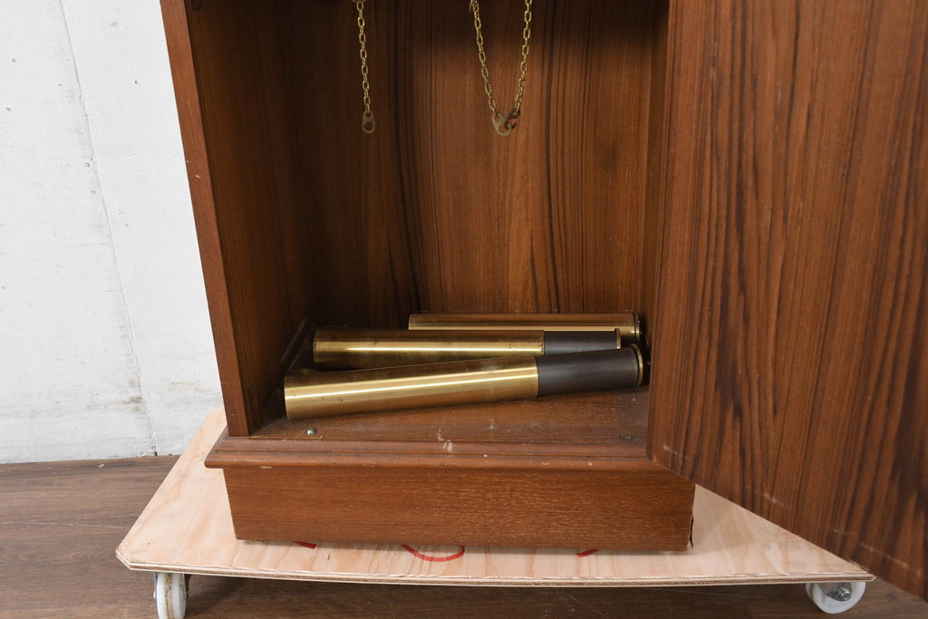中古　ドイツ　チーク材　Tempus Fugit　上品な装飾が美しいクラシックホールクロック(時計台、振り子時計、分銅式、振り子付き)(R-082361)