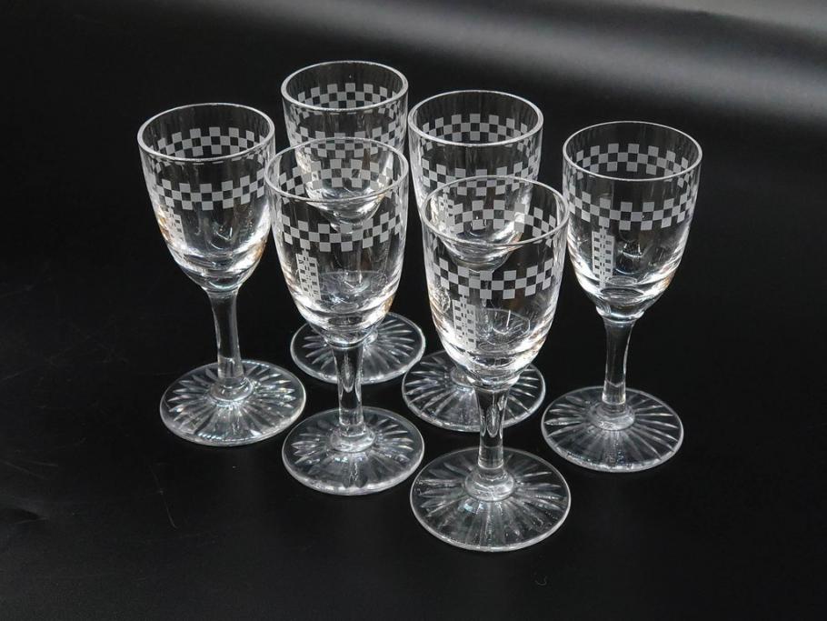 帝国ホテル　フランク・ロイド・ライト　気品あふれるグラス6客セット(市松模様、リキュール、ショット、酒器、酒杯、ガラス、硝子、外箱付)(R-082863)