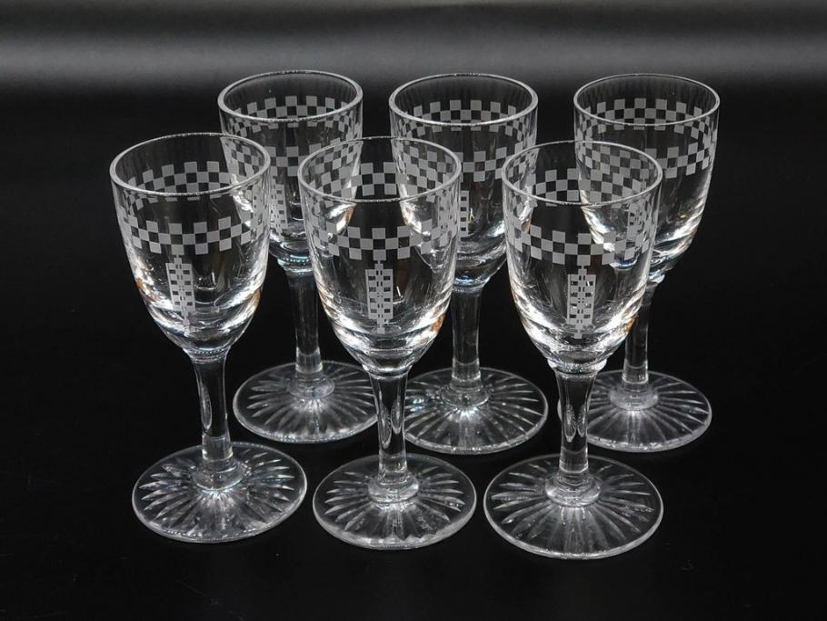 帝国ホテル　フランク・ロイド・ライト　気品あふれるグラス6客セット(市松模様、リキュール、ショット、酒器、酒杯、ガラス、硝子、外箱付)(R-082863)