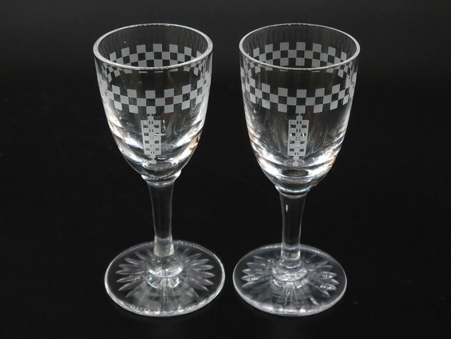 帝国ホテル　フランク・ロイド・ライト　気品あふれるグラス6客セット(市松模様、リキュール、ショット、酒器、酒杯、ガラス、硝子、外箱付)(R-082863)