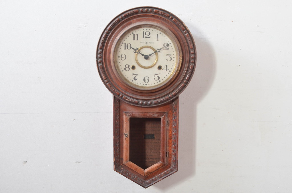 和製アンティーク　明治～大正　愛知県時計製造共同組合(AICHIKEN　CLOCK-MAKERS'　UNION'S　MARK)　MADE(Y)TOKYO　レトロな雰囲気を高める掛け時計(柱時計、古時計、振り子時計)(R-081837)