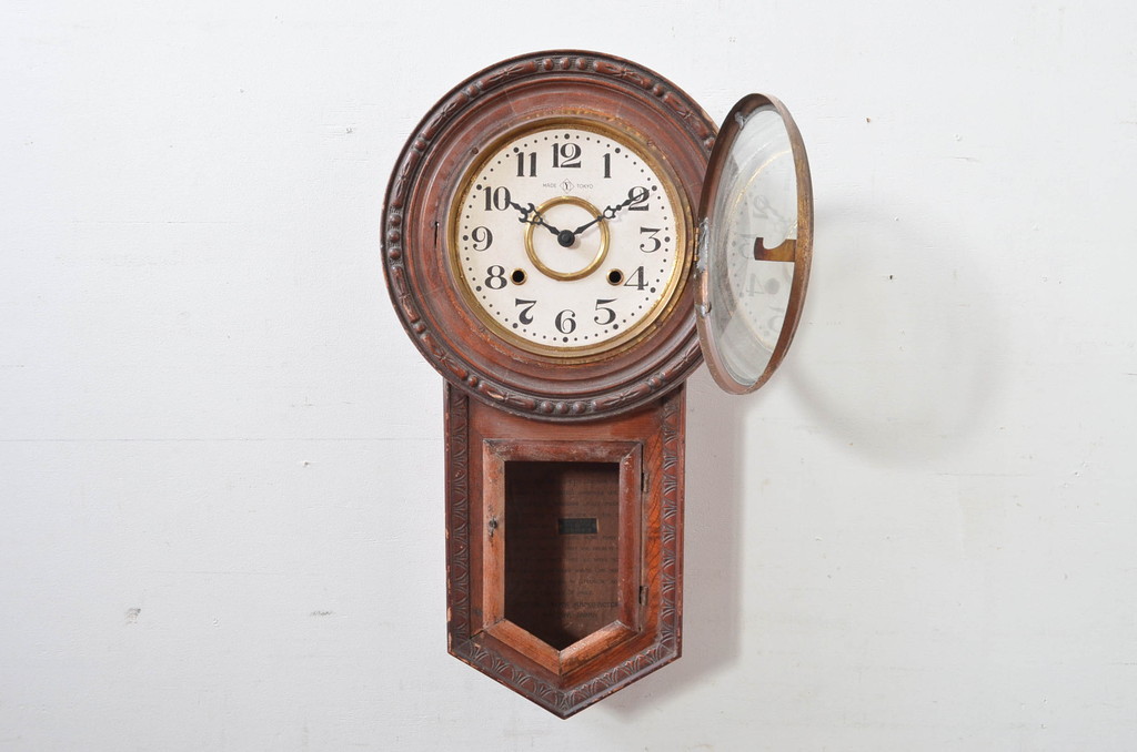 和製アンティーク　明治～大正　愛知県時計製造共同組合(AICHIKEN　CLOCK-MAKERS'　UNION'S　MARK)　MADE(Y)TOKYO　レトロな雰囲気を高める掛け時計(柱時計、古時計、振り子時計)(R-081837)