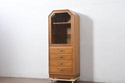 和製ビンテージ　希少モデル　オールドカリモク(karimoku)　楢(ナラ)材　北欧デザインが素敵な上質な作りの縦型キャビネット(飾り棚、戸棚、収納棚、カップボード、引き出し、ヴィンテージ)(R-082372)