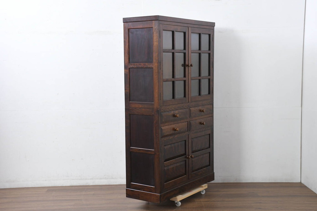 中古　美品　松本民芸家具　G-Ⅱ型特注モデル　シックな空間づくりが叶う面取り食器棚(収納棚、戸棚、本箱、ブックケース、カップボード、キャビネット、バラ売り可能)(定価約70万円)(R-082353)