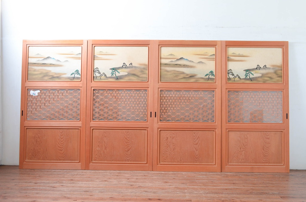 中古　美品　和の趣あふれる組子入りガラス帯戸4枚セット(引き戸、建具)(R-081996)