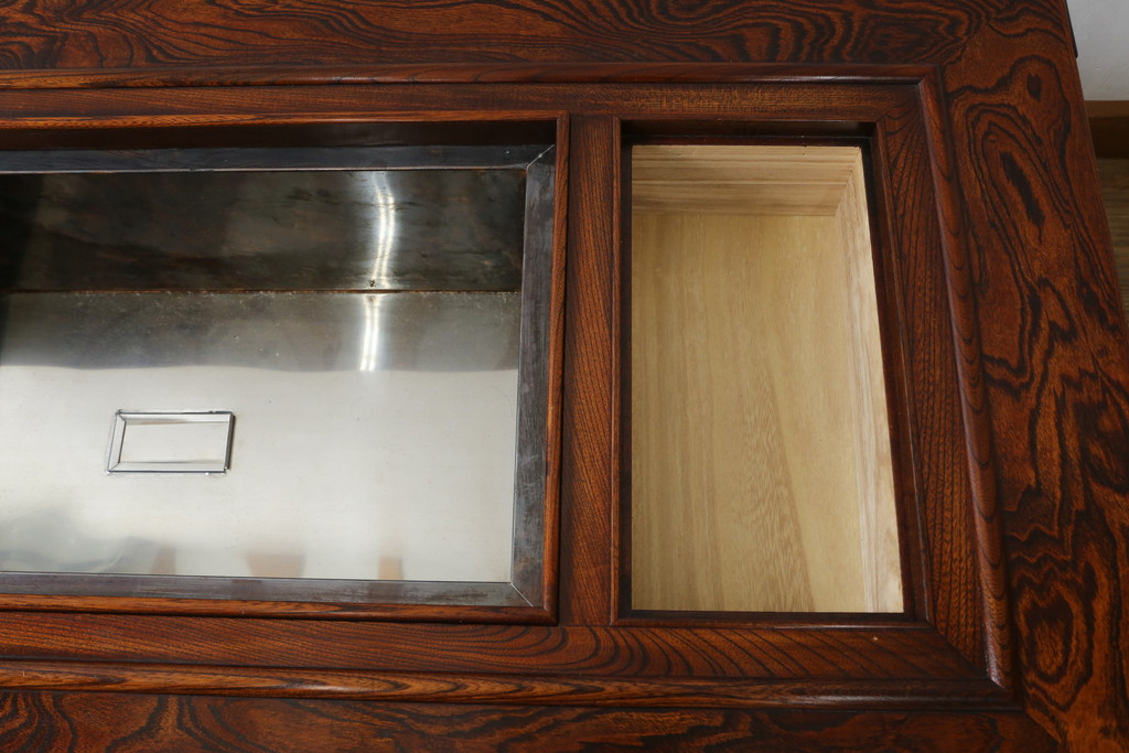 中古　美品!!　岩谷堂箪笥　菊幸　欅(ケヤキ)材　漆塗り　美しく迫力のある杢目が魅力的な長火鉢(木製火鉢、囲炉裏テーブル、ローテーブル、センターテーブル、リビングテーブル、座卓)(R-082845)